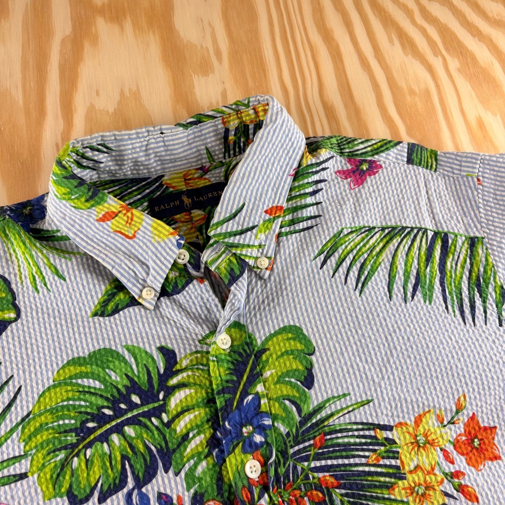 Ralph Lauren Polo Seersucker Hawaiian Shirt XL Floral All Over Print Blue